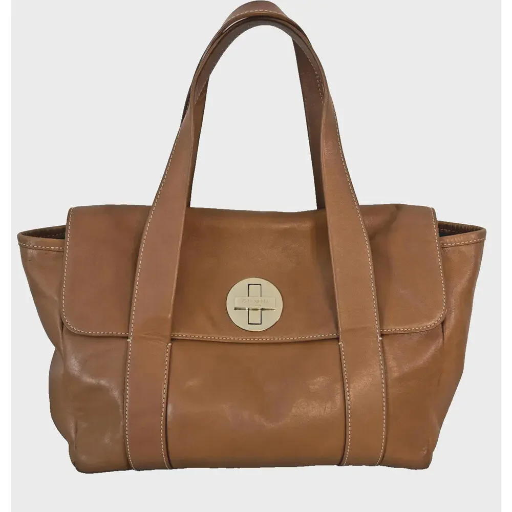 Kate Spade Brown Leather Flap Purse Bag Tote Satchel Fabric Lined 13" x 10" - Picture 1 of 9